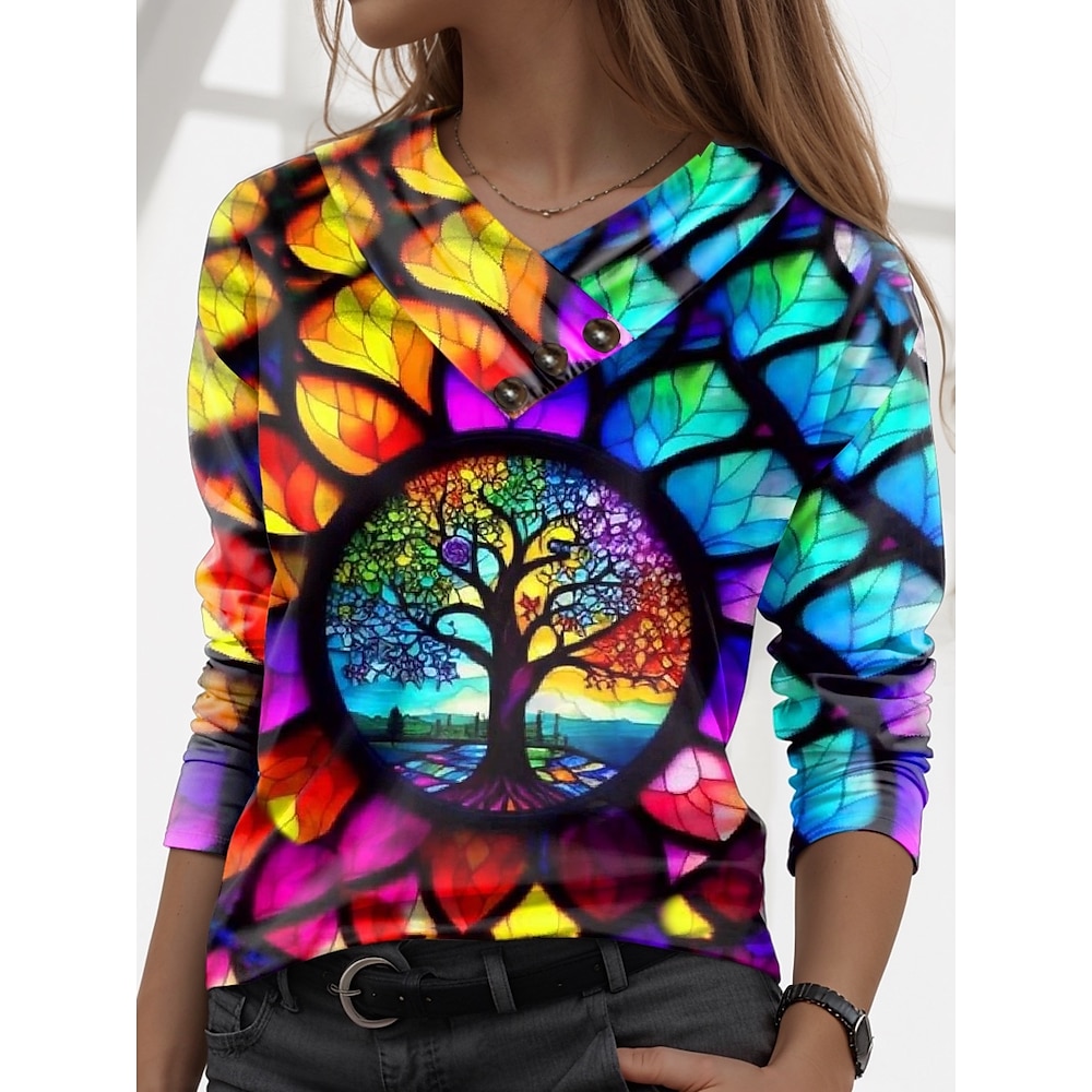 Damen T Shirt Täglich Stilvoll Brautkleider schlicht Langarm Regenbogen Herbst Winter Lightinthebox