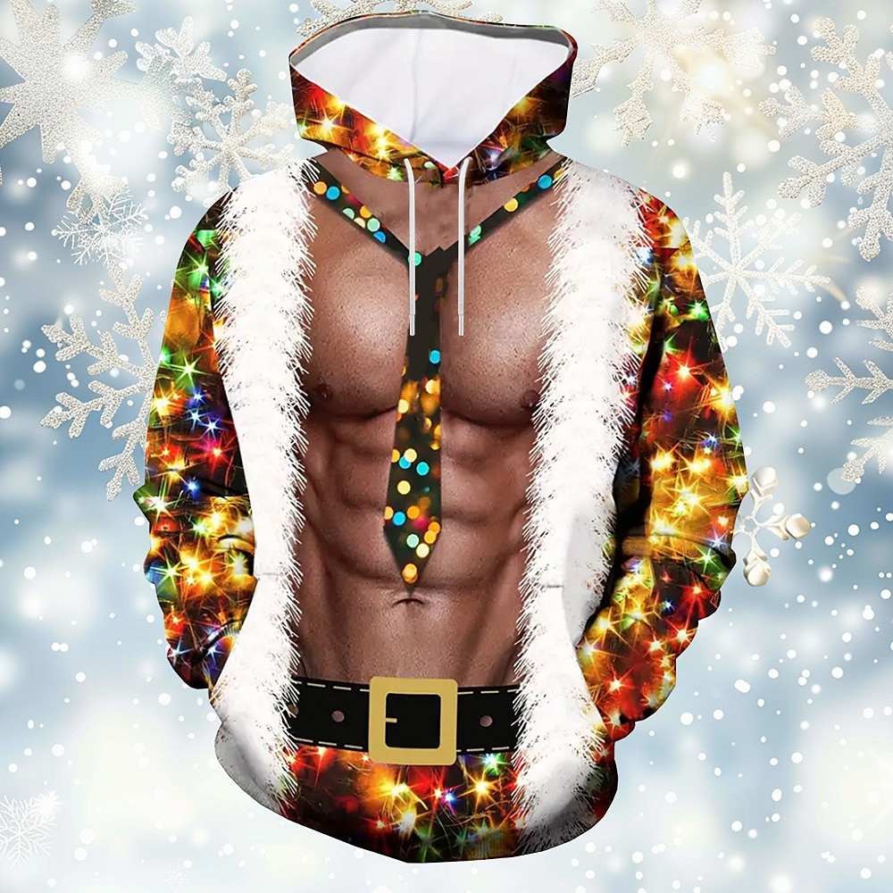 Weihnachten Herren Muskel Simulation Hoodies Pullover Oberbekleidung Sweatshirt mit Kapuze Rundhalsausschnitt Modisch 3D-Druck Party Neujahr Festtage Regenbogen Kordelzug Herbst Winter Designer Lightinthebox