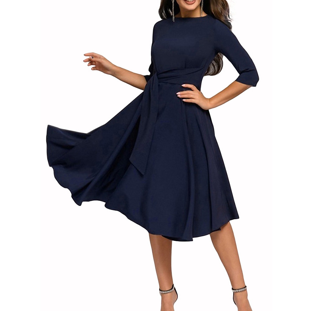 Damen Gefaltet Vintage-Kleid Midikleid Polyester Elegant Glatt Rundhalsausschnitt 3/4 Ärmel Täglich Dunkelgrün Marineblau Lightinthebox