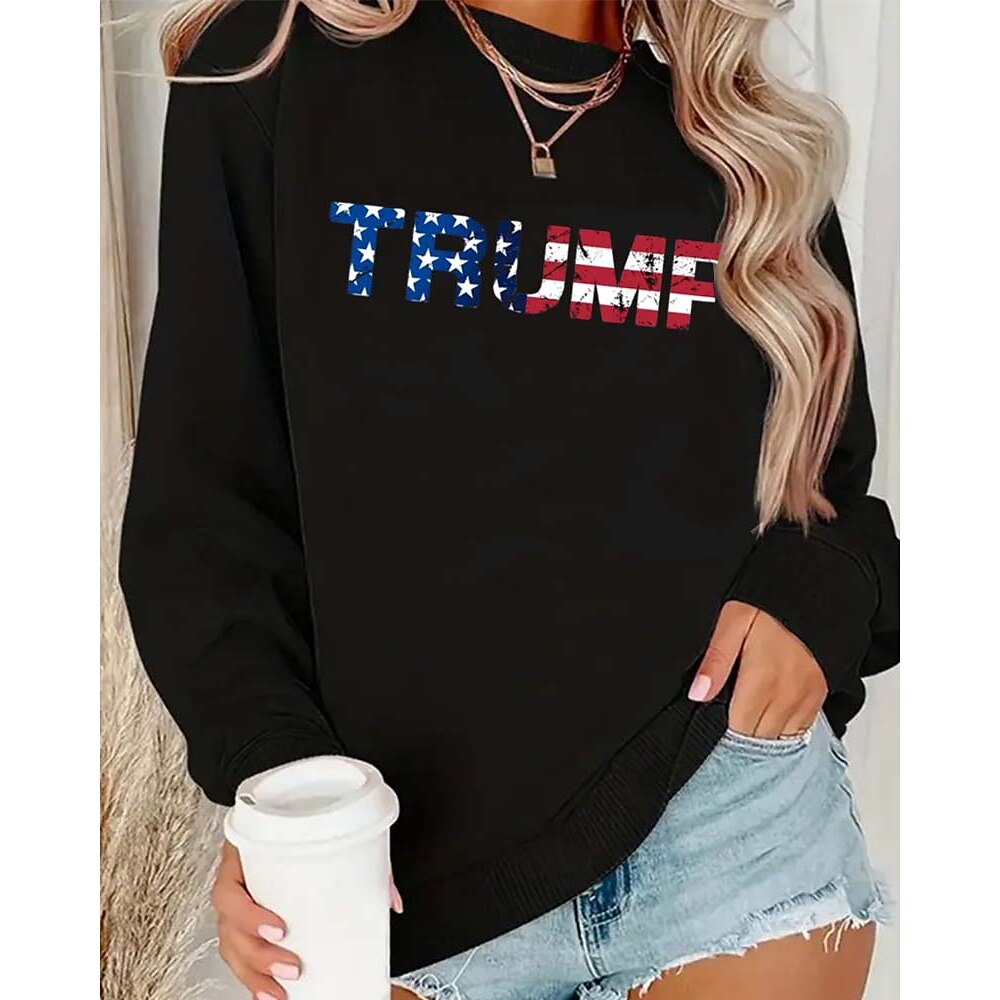 Damen-Sweatshirt aus 85 % Baumwolle, Trump-Baumwolle, Grafik, Buchstaben, Street-Style, lässig, Rundhalsausschnitt, lange Ärmel, Herbst/Winter Lightinthebox