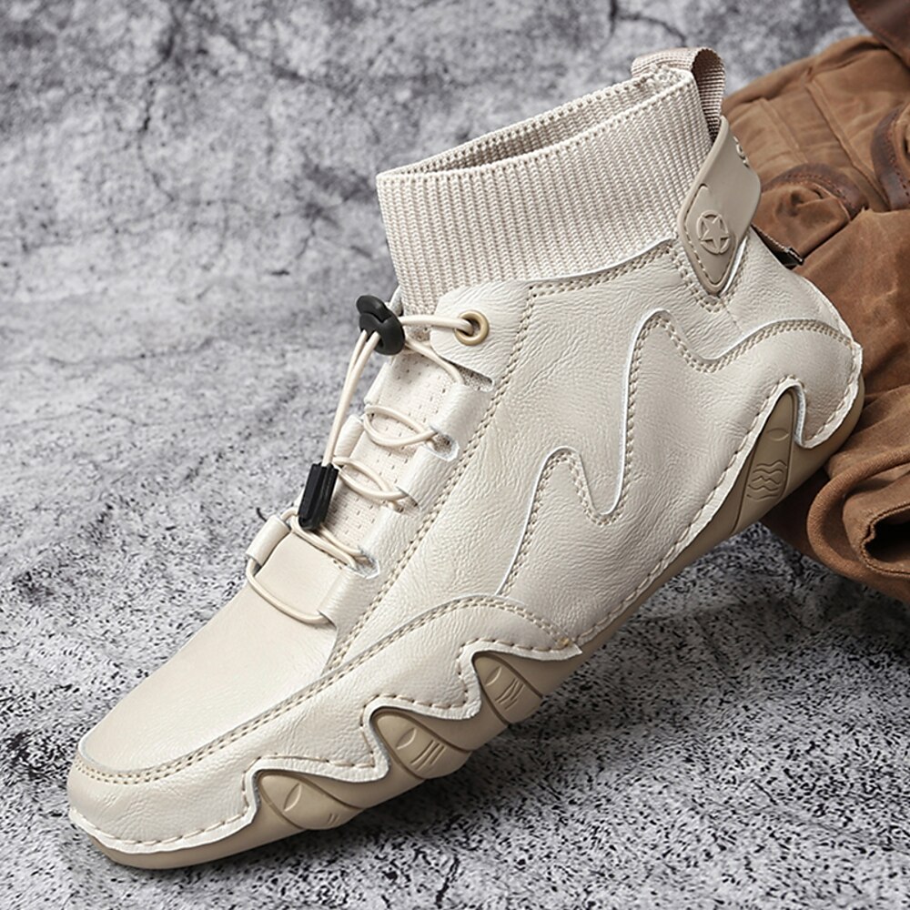 Beige High-Top-Sneaker für Herren mit Knöchelpartie im Socken-Stil und verstellbaren Schnürsenkeln - leichte Freizeitschuhe mit Wellenmustersohle für Komfort im Alltag Lightinthebox