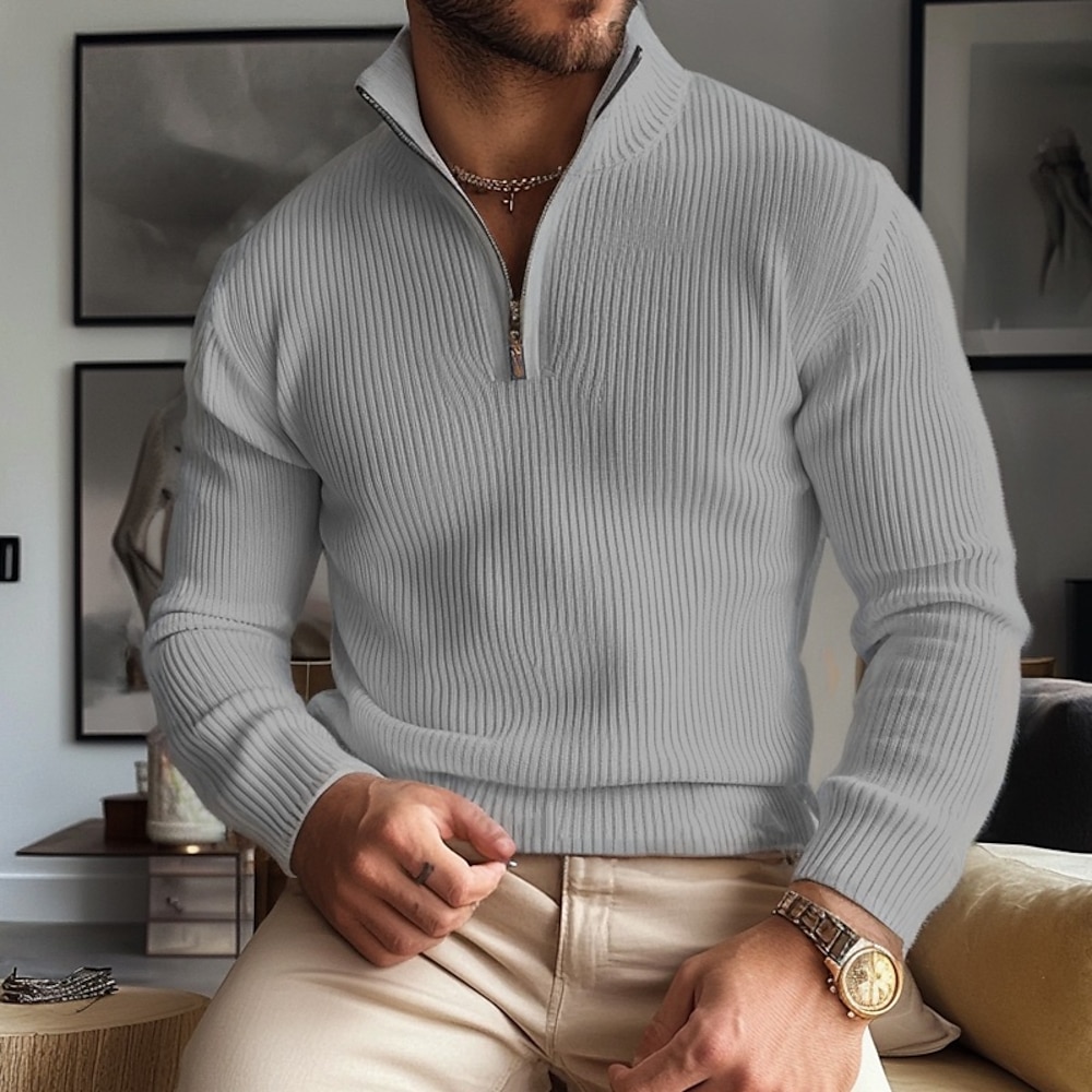 Herren Pullover Zip Pullover Reißverschluss Pullover mit Viertelreißverschluss Gerippt Grobstricken Stricken Klassisch Halfzip Troyer Feste Farbe Ständer Elegant Vintage Formal Heim Bekleidung Bischof Lightinthebox