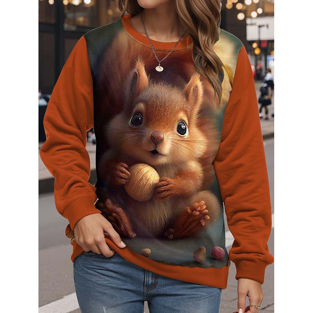 Sweatshirt für Damen, lässig, Tiermotiv, Streetstyle, Alltagskleidung, Rundhalsausschnitt, bedruckt, langärmelig, orange, Herbst/Winter Lightinthebox