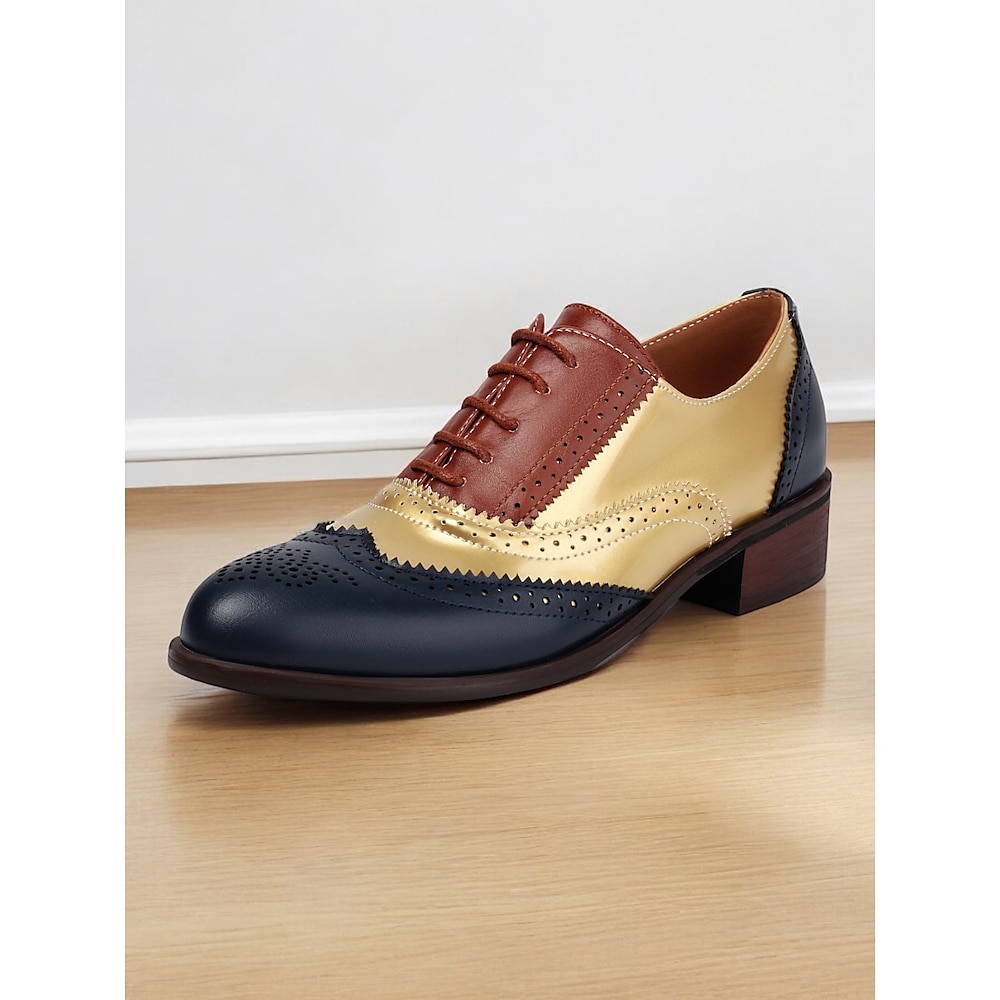 Dreifarbige Brogue-Oxford-Schuhe für Damen mit Flügelkappen-Design und niedrigem Absatz - formelles Vintage-Schuhwerk für das Büro und besondere Anlässe Lightinthebox