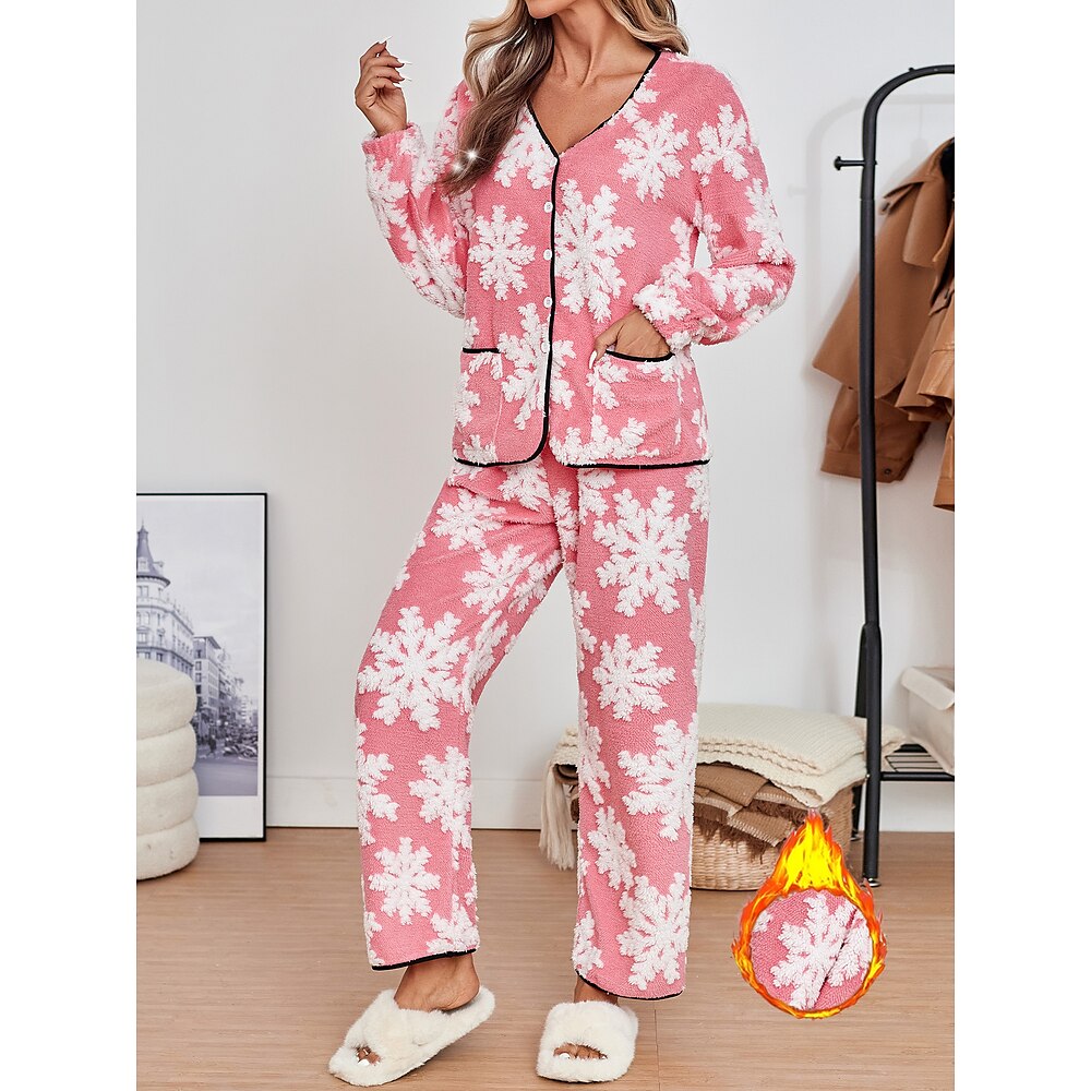 Damen-Pyjama-Set, 2-teilig, Schneeflocke, warmer Plüsch, Weihnachten, Zuhause, Neujahr, warm, Rundhalsausschnitt, lange Ärmel, Hosentasche, flauschig, rosa, Frühling, Herbst, Winter, S, M, L, XL, XXL Lightinthebox