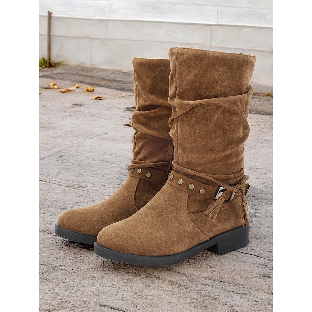 Damen Stiefel Slouchy-Stiefel Arbeit Täglich Stiefel mit mittlerer Wade Niete Schnalle Quaste Blockabsatz Runde Zehe Urlaub Vintage Kunst-Veloursleder Reißverschluss Hellbraun Dunkelbraun Schwarz Lightinthebox