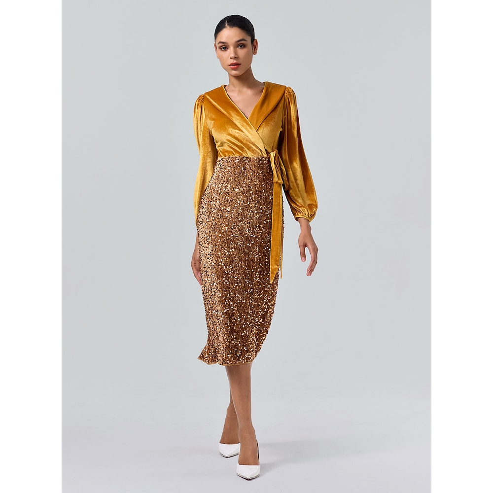 Damen Paillettenkleid Gold Langarm Feste Farbe Vorne binden Ganzjährig Weihnachten Elegant Party S M L Lightinthebox