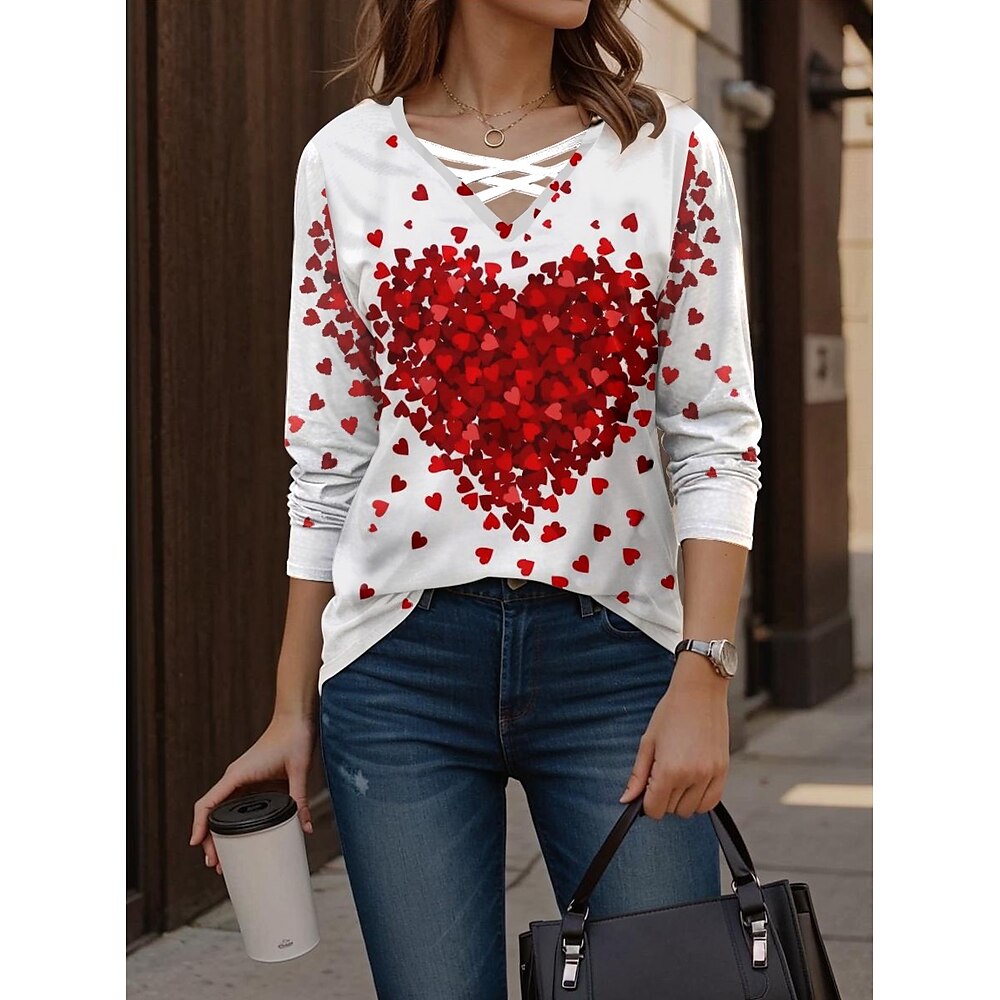 Damen T Shirt Polyester Herz Bedruckt Valentinstag Täglich Wochenende Modisch Modern Brautkleider schlicht Kurzarm V Ausschnitt Weiß Sommer Herbst Lightinthebox