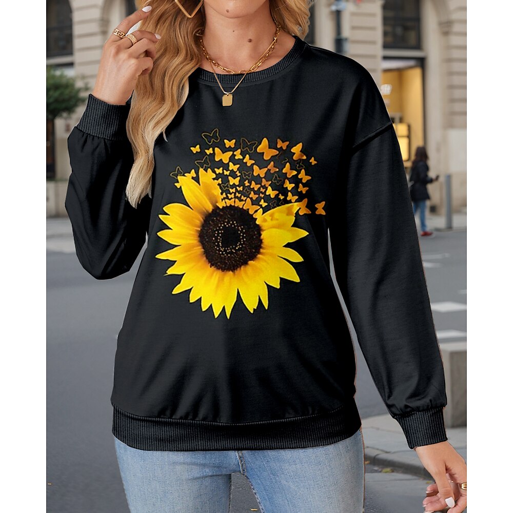 Damen-Kapuzenpullover aus 85 % Baumwolle, Sonnenblumen-Print, lässiger Kapuzenpullover, lange Ärmel, mikroelastisch, Herbst/Winter Lightinthebox