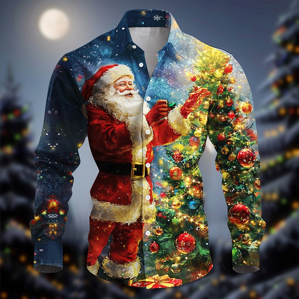 Weihnachtshemden für Herren mit Weihnachtsmann-Aufdruck, Weihnachtsmann, lässig, mit Knopfleiste, lange Ärmel, Party, Abend, Alltag, Herbst, Winter, Frühlingamp;Sommerkragen mit Knopfleiste, Lightinthebox