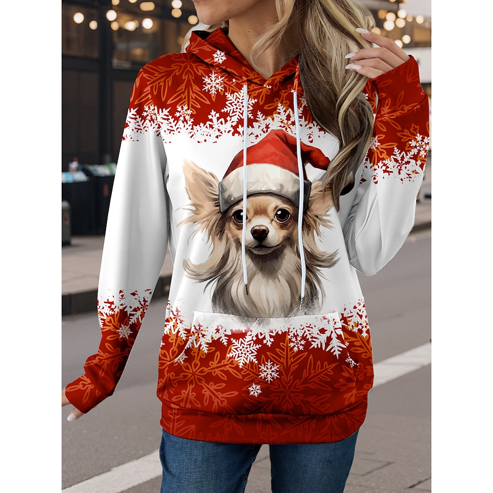 Damen Tunika Polyester Hund Tasche Bedruckt Weihnachten Brautkleider schlicht Langarm Mit Kapuze Rote Herbst Winter Lightinthebox