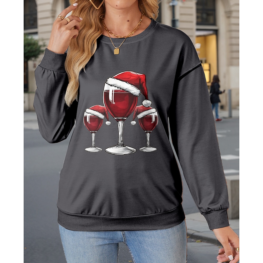 Damen-Sweatshirt, 85 % Baumwolle, Polyester, 100 % Baumwolle, Weinglas, Weihnachten, Weihnachten, Basic, Rundhalsausschnitt, langärmelig, mikroelastisch, Herbstamp; Winter Lightinthebox