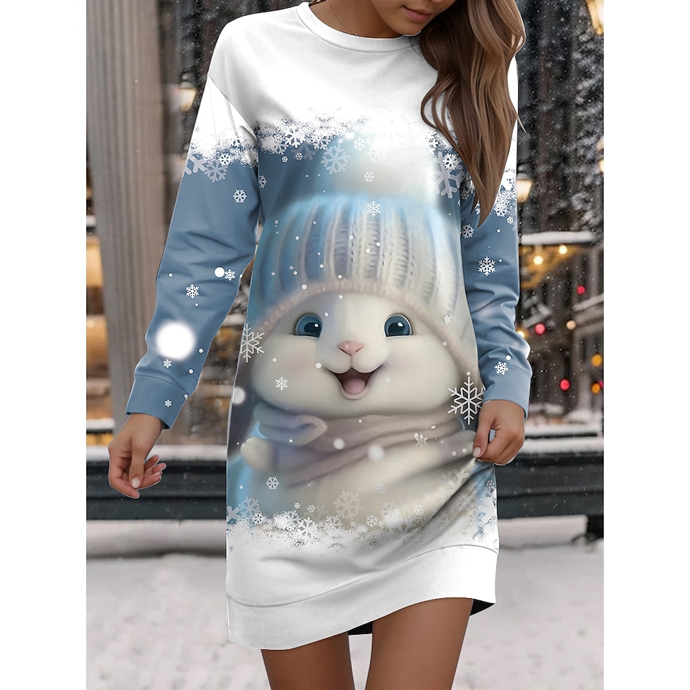 Damen Polyester Tier Schneeflocke Bedruckt Rundhalsausschnitt Minikleid Weihnachten Herbst Winter Lightinthebox