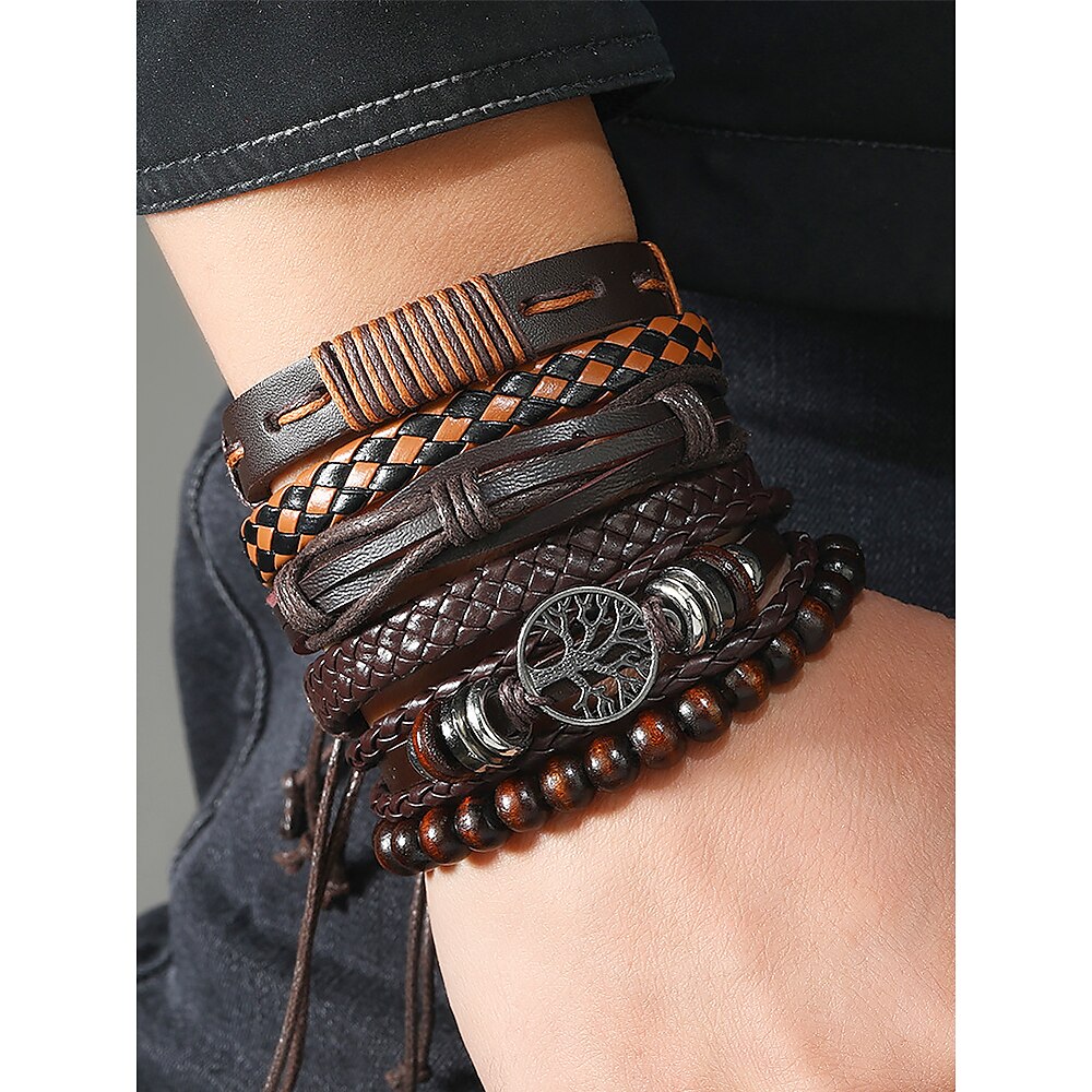 Lederarmband-Set für Herren - mehrlagiges geflochtenes Vintage-Armband mit Perlen und Lebensbaum-Anhänger für den lässigen und unkonventionellen Stil Lightinthebox