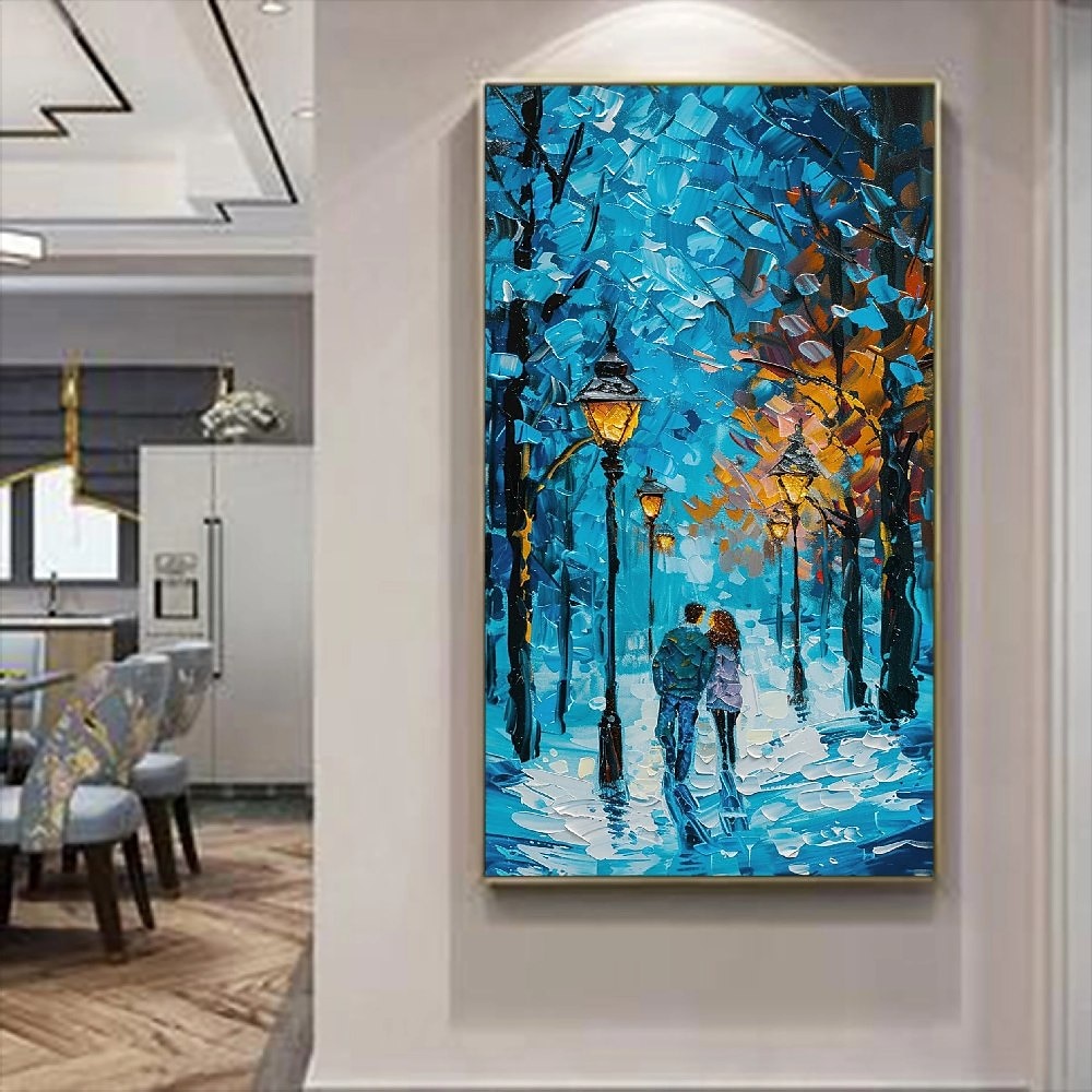 3D-Gemälde mit blauem Wald, handgefertigtes Wald-Ölgemälde, Pattle Knife Painting Canvas, Herbstgemälde, Wandkunst, Baum-Leinwand, abstrakt, schmale Wanddekoration, übergroß, großes abstraktes blaues Lightinthebox