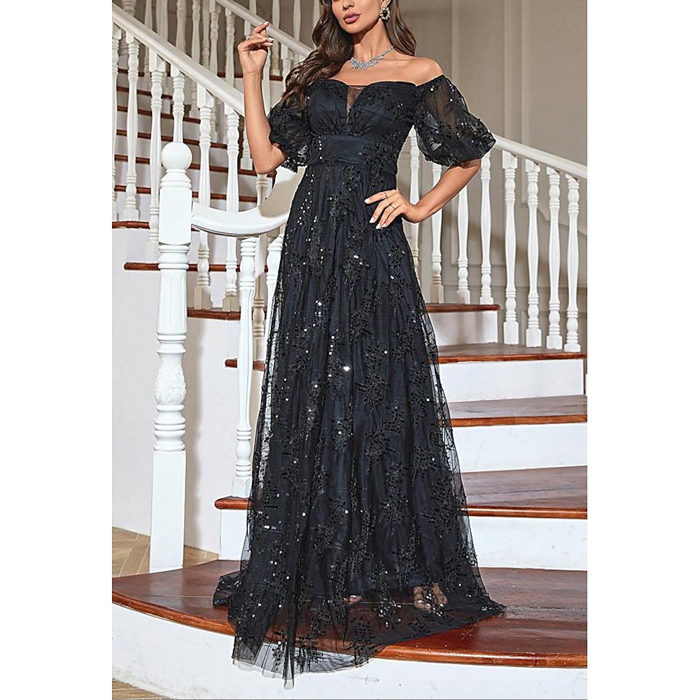 A-Linie Abendkleider Elegant Kleid Hochzeit Weihnachten Pinsel Schleppe Kurzarm Schulterfrei Nylon mit Paillette 2024 Lightinthebox