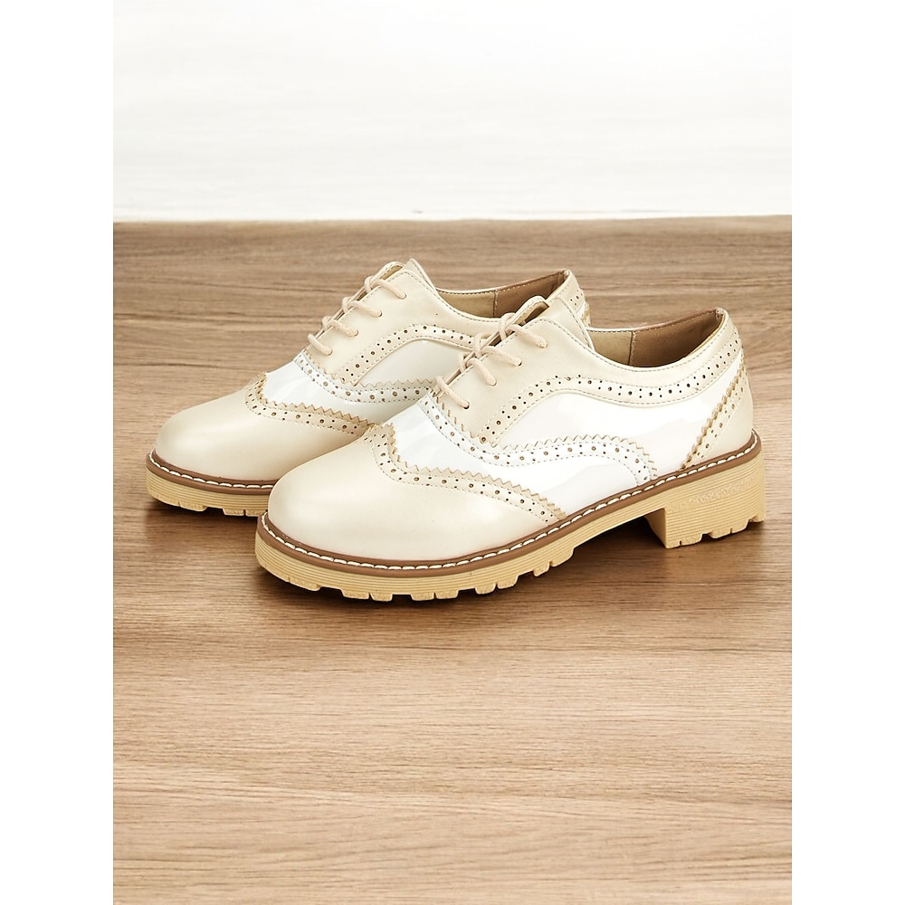 Damen Outdoor Bullock Schuhe Arbeit Täglich Farbblock Schnürsenkel Flacher Absatz Runde Zehe Komfort PU Schnürsenkel Schwarz / weiss Beige Lightinthebox