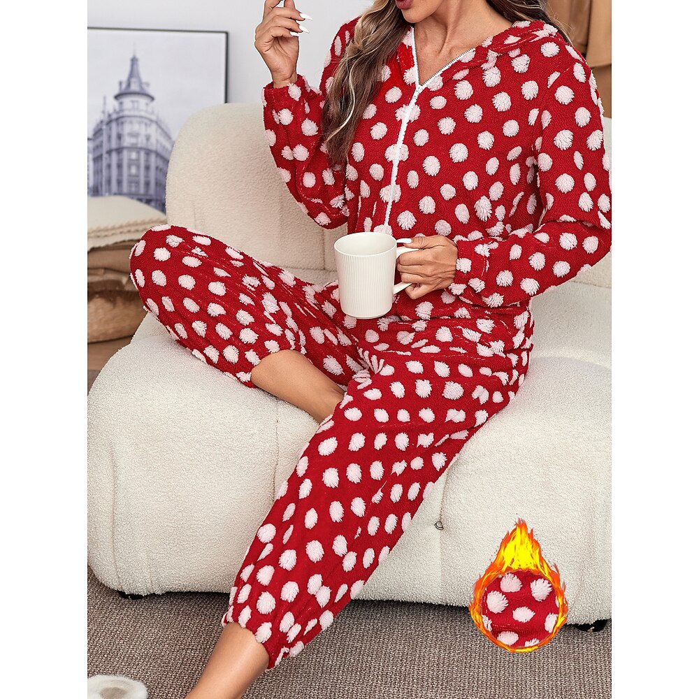 Damen-Onesie mit Punkten, lässig, bequem, Weihnachten, Heimkomfort, warm, Kapuzenpullover, lange Ärmel, Tasche, flauschig, rot, Frühling, Herbst, Winter, S, M, L, XL, XXL Lightinthebox