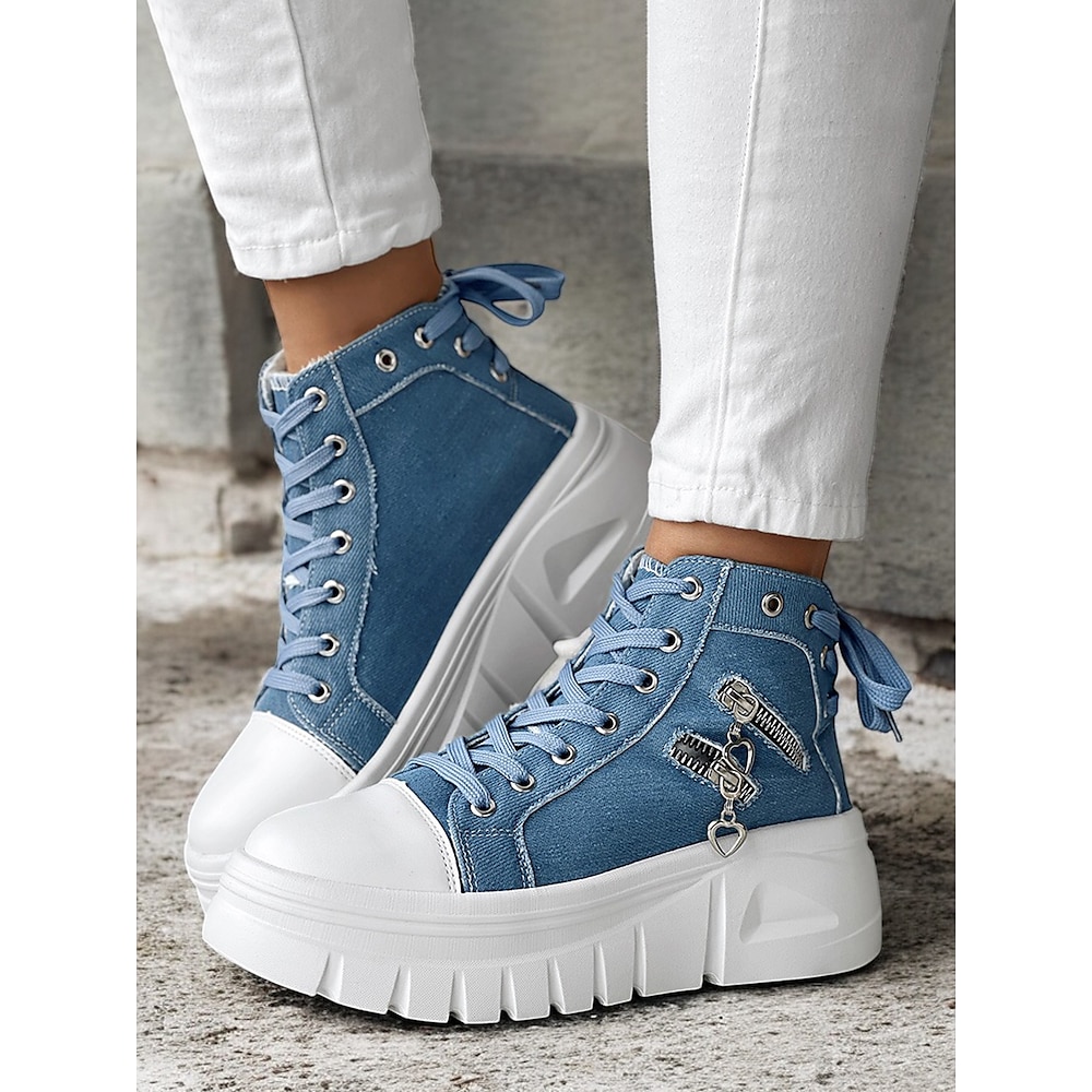 Damen Denim High-Top Plateau Sneaker - lässige Schnürschuhe mit weißer Sohle und Herz-Reißverschluss-Anhängern für den modischen Alltag Lightinthebox