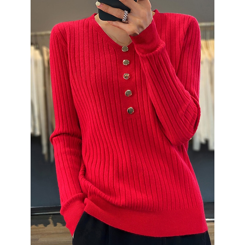 Damen Pullover V Ausschnitt Gerippt Stricken Polyester Taste Herbst Winter Standard Outdoor Täglich Ausgehen Stilvoll Brautkleider schlicht Weich Langarm Feste Farbe Schwarz Weiß Gelb S M L Lightinthebox