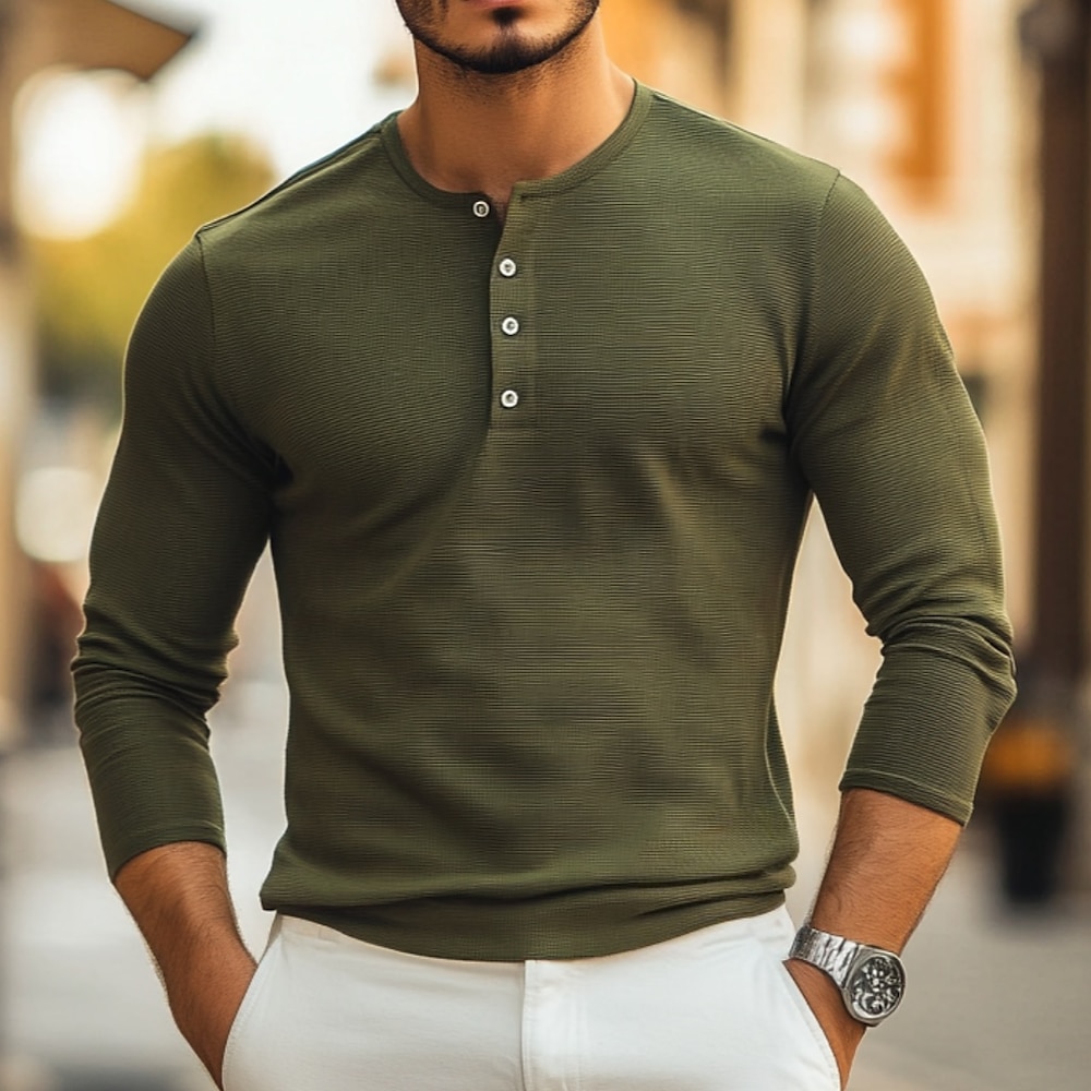 Herren T-Shirt mit Waffelmuster T Shirt Waffel-Henley-Hemd Feste Farbe Henley Normal Outdoor Heim Langarm Gestrickt Bekleidung Traditionell / Vintage Lightinthebox