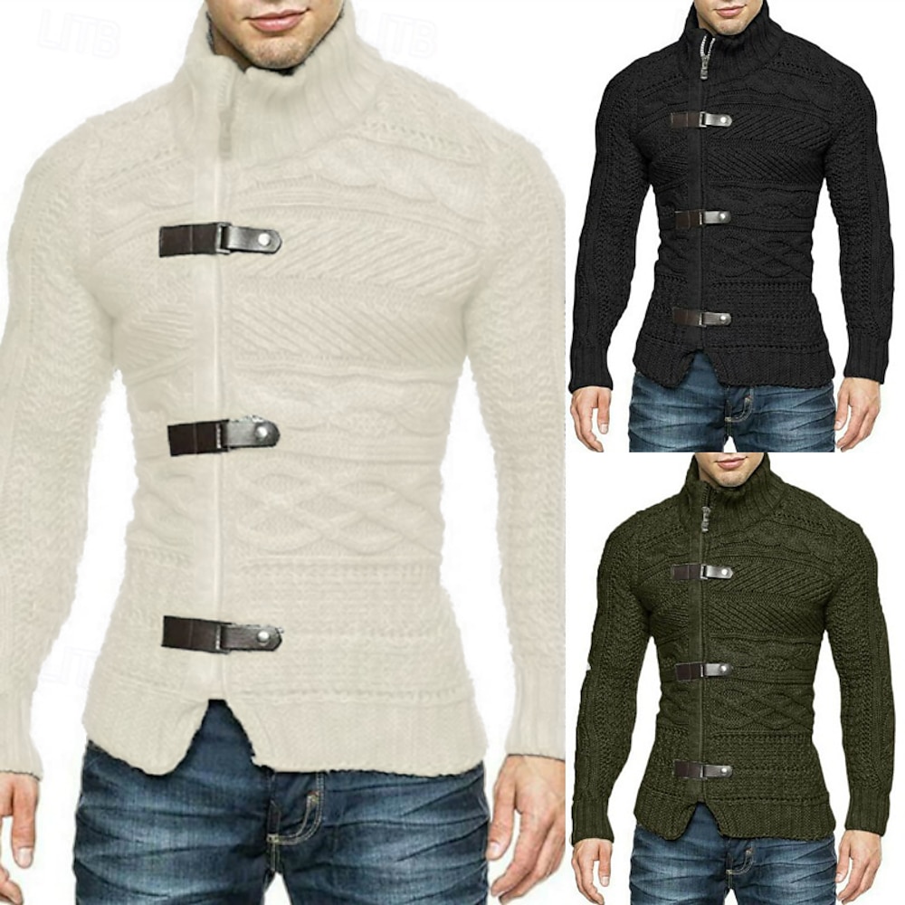 Herren Strickjacke Kurzer Pullover Zip Pullover Reißverschluss Strickpullover Gerippt Stricken Standard Glatt Ständer Modisch Klassisch Freizeitskleidung Verabredung Bekleidung Herbst Winter Schwarz Lightinthebox