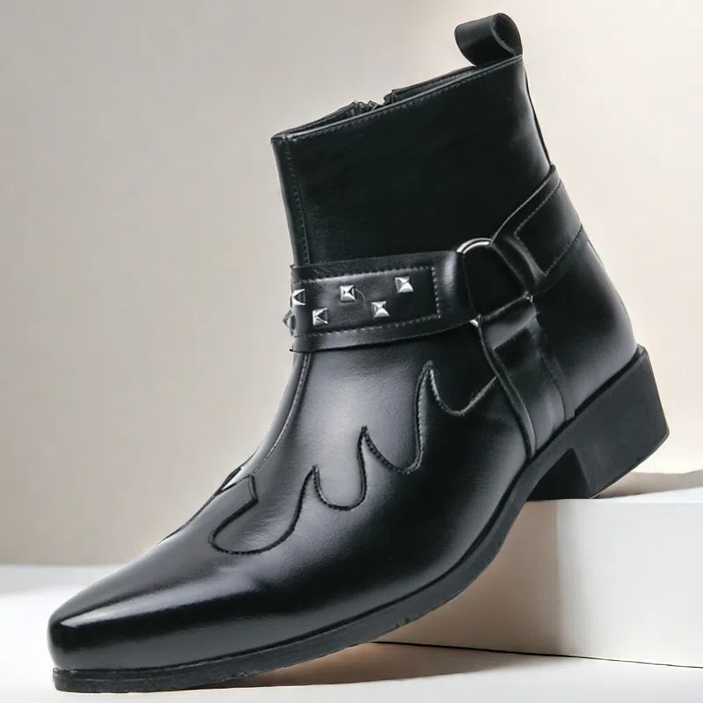 Schwarze Stiefeletten aus Kunstleder für Herren mit Nietenriemen und einzigartiger Stickerei, stilvolles Westerndesign, perfekt für die Freizeit und zum Ausgehen Lightinthebox