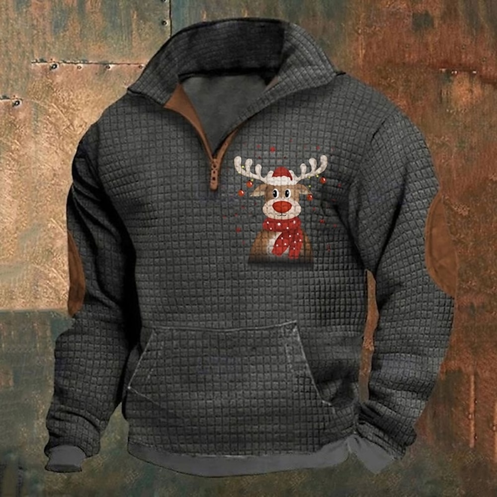 Herren Waffel-Sweatshirt Sweatshirt Pullover Sweatshirt mit Viertelreißverschluss Schwarz Weiß Marineblau Khaki Dunkelgray Troyer Halber Reißverschluss Graphic Rentier Bedruckt Patchwork Vordertasche Lightinthebox