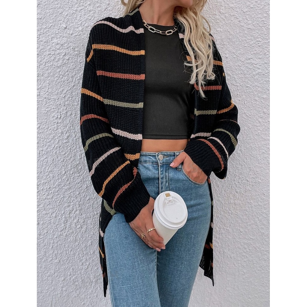 langer Cardigan Streifenmuster vorne offen Strick gestrickt Herbst Winter Ausgehen Wochenende elegant Mode Alltag Langarm gestreift schwarz weiß Lightinthebox