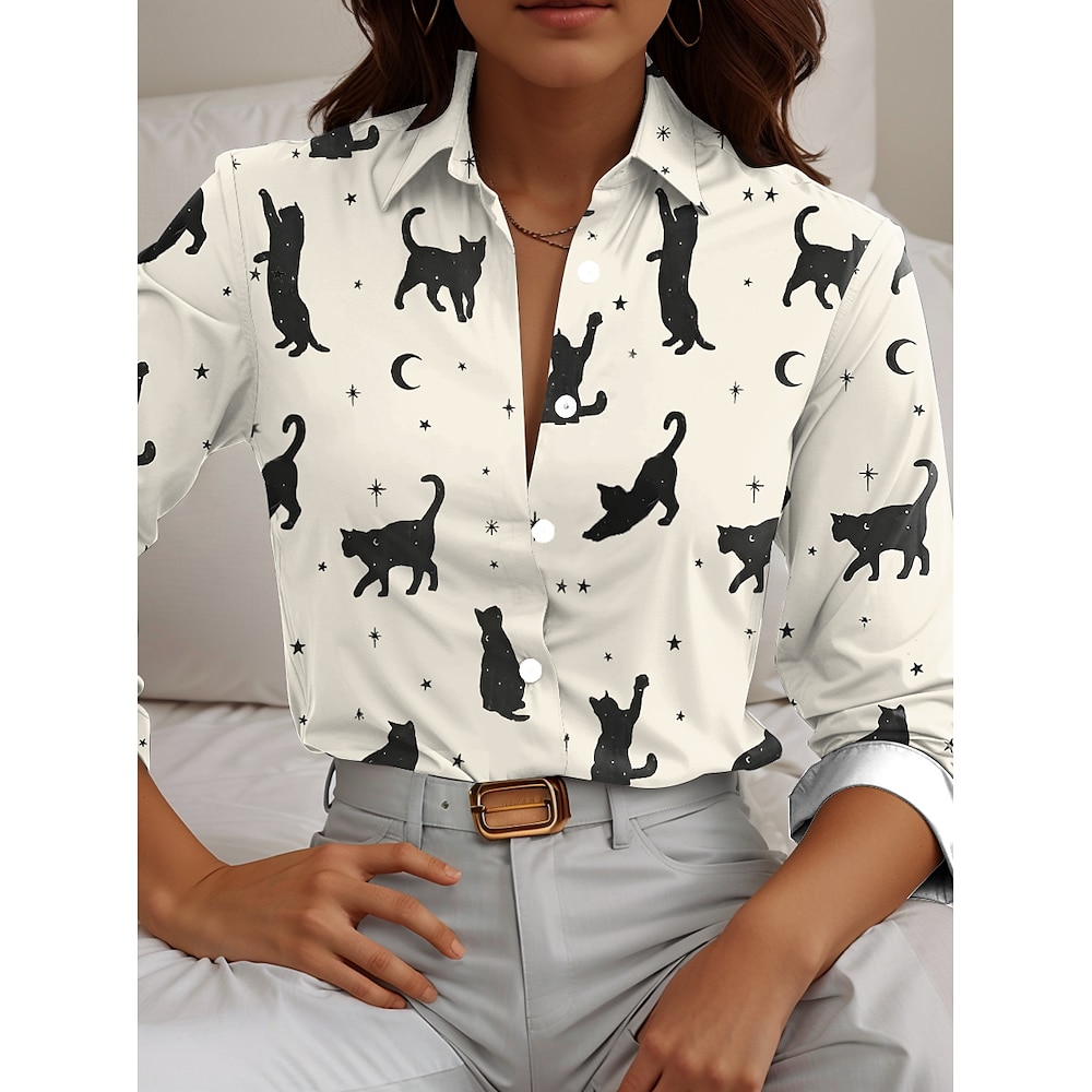 Frauen süße Katze Shirt Langarm weiß Frühling Herbst Lightinthebox