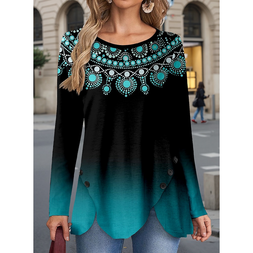 Damen T Shirt Brautkleider schlicht Farbverlauf Blumen Normale Oberteile Langarm Rundhalsausschnitt Knopf Bedruckt Asymmetrisch Regular Fit Täglich Blau Frühling Herbst Lightinthebox