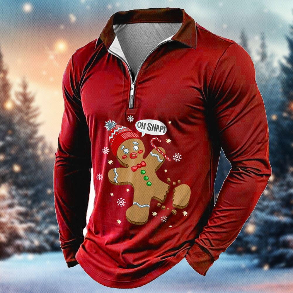 Weihnachten Herren Lustig Lebkuchenmann Zip Polo Langarm Polo-Shirts Kragen Party-Abendgarderobe Urlaub Silvester-Shirts 3D-Druck Rote Blau Grün Lightinthebox