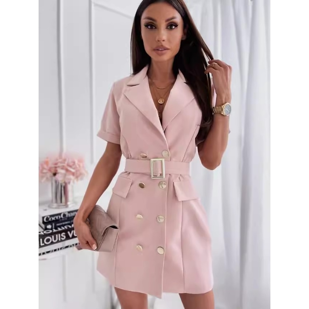 Damen Elegantes Kleid Minikleid Polyester Mit Gürtel Doppelreihiger Verschluss Urlaub Elegant V Ausschnitt Kurzarm Schwarz Weiß Rosa Farbe Lightinthebox