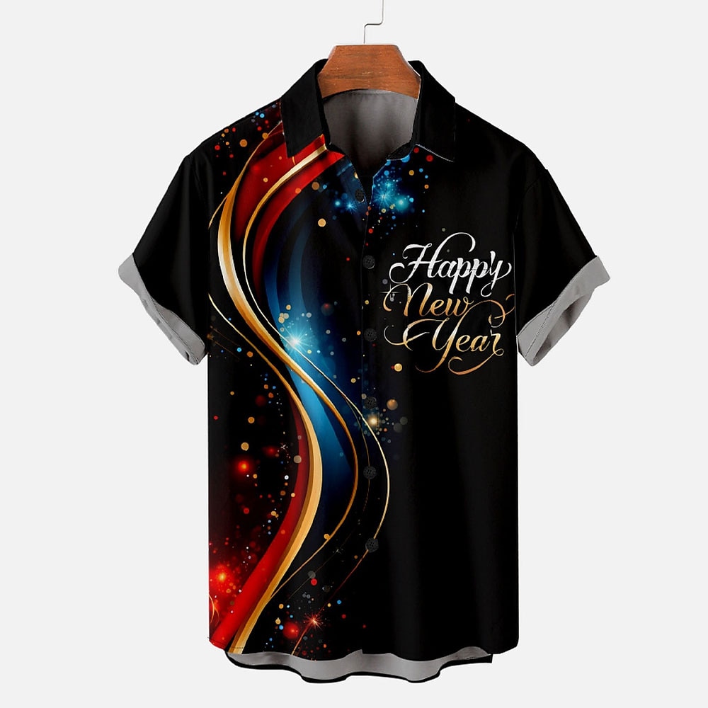 Herren Mit Buchstaben bedruckt glückliches neues Jahr Hawaiihemd Sommerhemd Bowling-Shirt Knopfhemd Kurzarm Hawaiianisch Brautkleider schlicht Urlaub Neujahr Täglich Sommer Umlegekragen Knopf hoch Lightinthebox