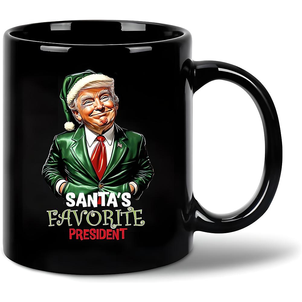 Weihnachtsgeschenk-Tasse Santa Trump-Tasse Lieblings-Weihnachtsgeschenkidee für Trump-Anhänger schwarze Grafik lustige Kaffeetasse 330ml/12oz Keramiktasse Retro-Vintage-Design Lightinthebox