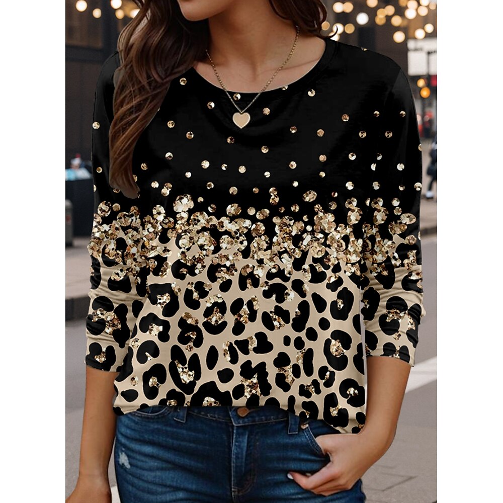 Damen T Shirt Brautkleider schlicht Bedruckt Langarm Normale Oberteile Rundhalsausschnitt Täglich Gold Frühling Herbst Lightinthebox