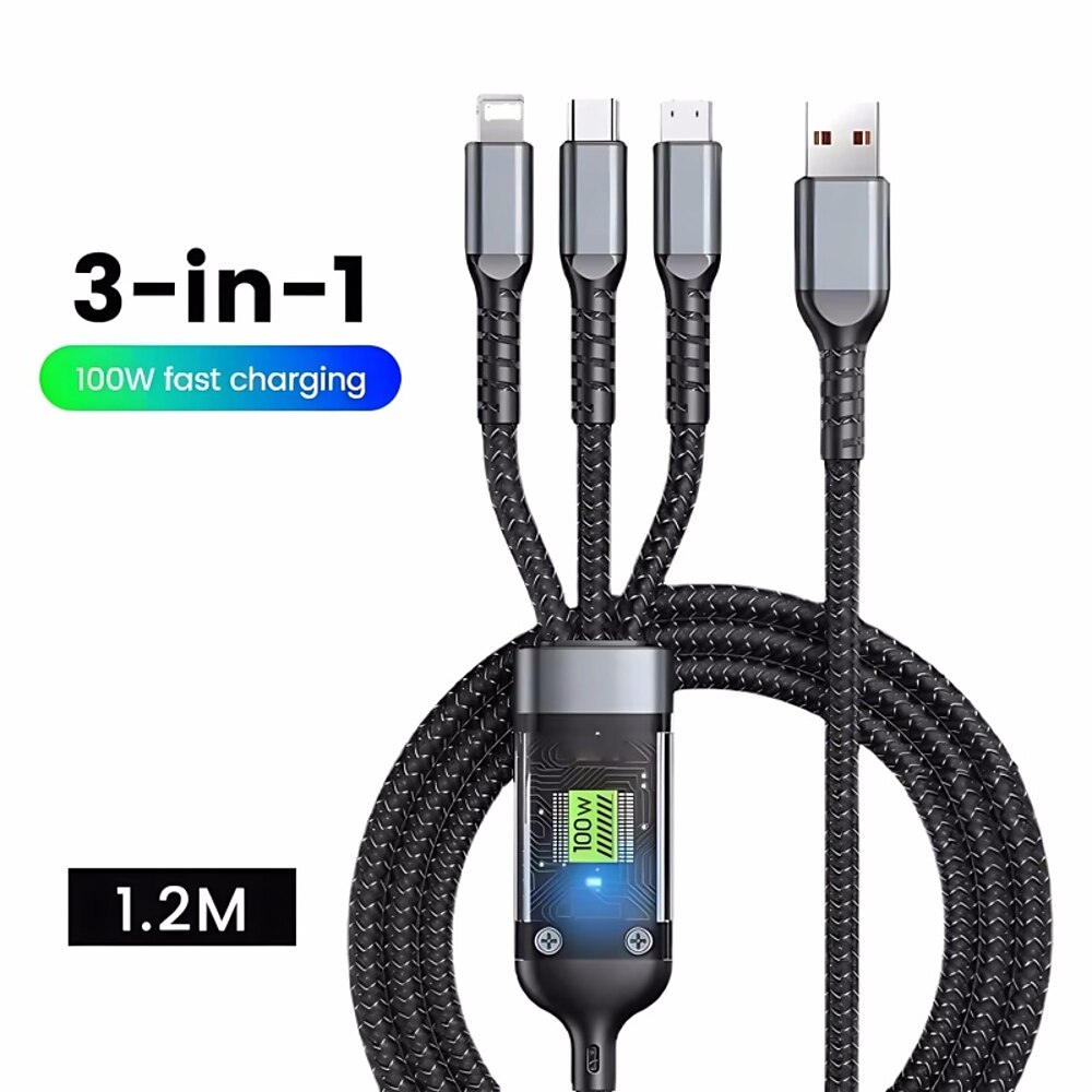 3-in-1 100-W-Schnellladekabel, intelligentes, superschnelles Laden, unterstützt Multi-Interface-Laden, USB-Visual-Power-Ladekabel, kompatibel mit Apple, Samsung, Oppo, Auto-Schnellladekabel Lightinthebox