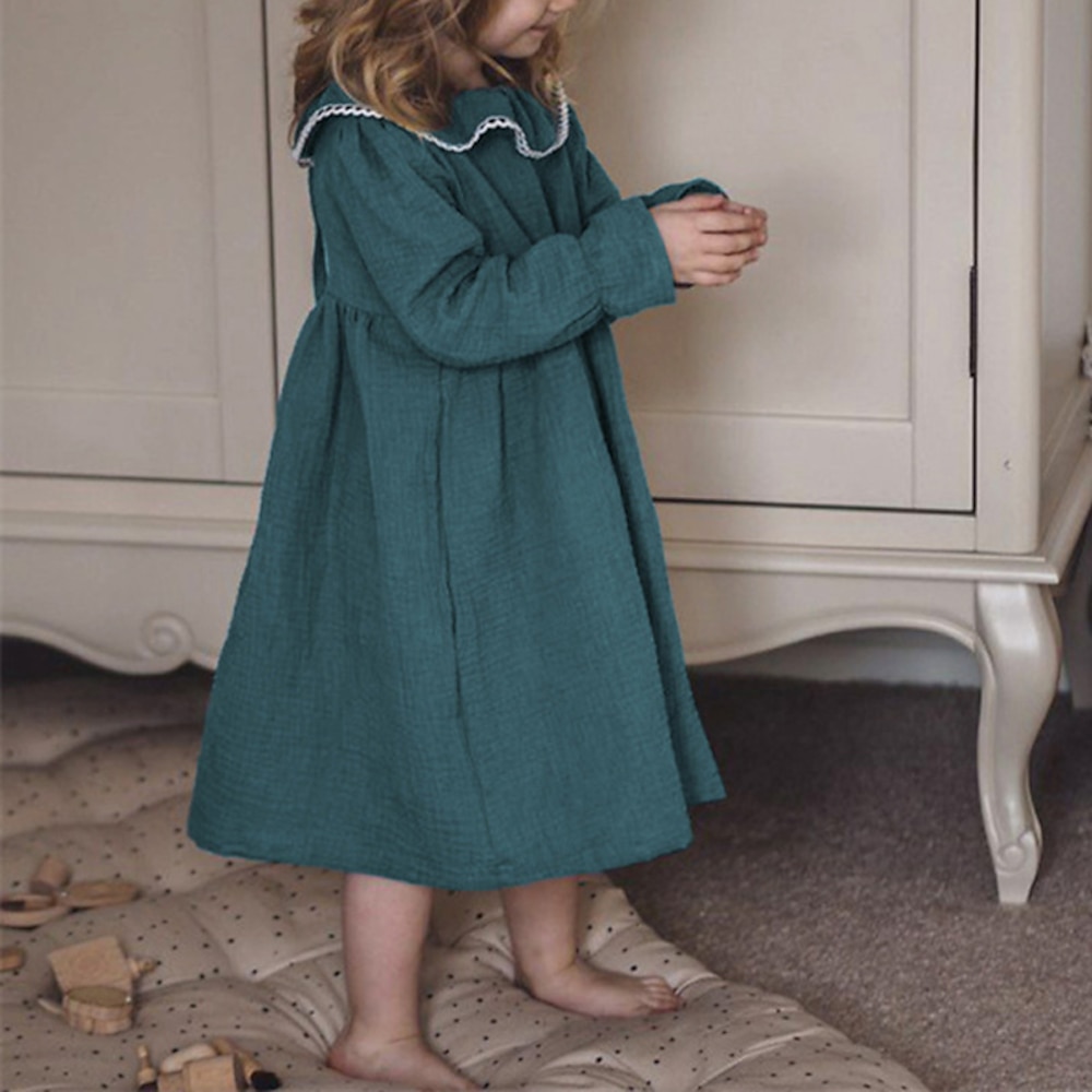 kinderkleidung Mädchen Kleid Feste Farbe Langarm Schulanfang Casual Patchwork bezaubernd Täglich 100% Baumwolle Midi Casual kleid Frühling Herbst 4 Jahre Grün Lightinthebox