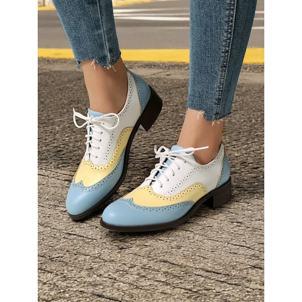 pastellblaue und gelbe Oxford-Schnürschuhe für Damen mit Brogue-Details - stilvolles Schuhwerk im Retro-Stil für legere Ausflüge Lightinthebox