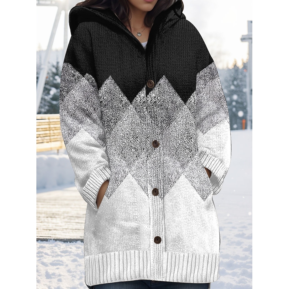 Damen Strickjacke Mit Kapuze Gerippt Stricken Polyester Knopf Tasche Bedruckt Herbst Winter Lang Outdoor Wochenende Täglich Langarm Geometrisch Schwarz M L XL Lightinthebox