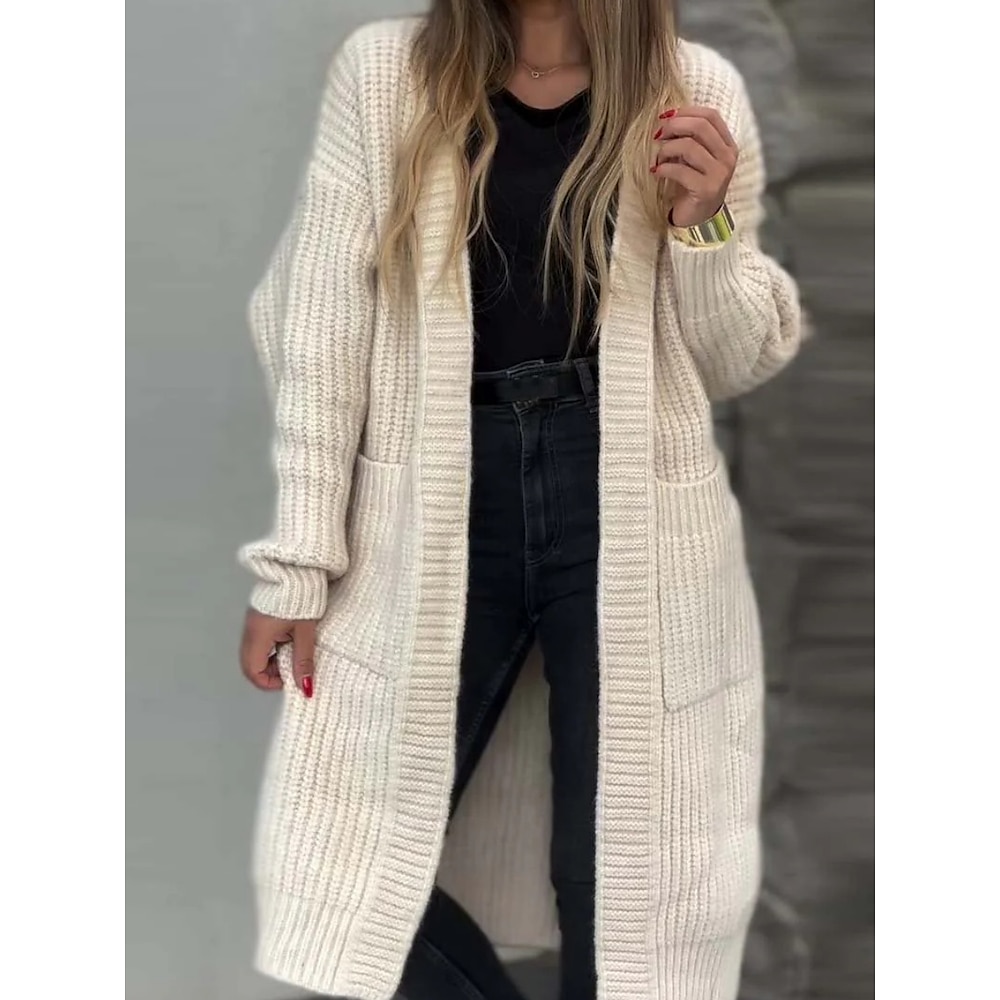 Damen Pullover Strickjacke Öffnung vorne Gerippt Stricken Acryl Tasche Strick Herbst Winter Lang Outdoor Täglich Wochenende Brautkleider schlicht Weich Langarm Einfarbig Beige S M L Lightinthebox