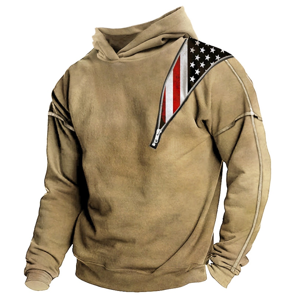 Herren Hoodie Sweatshirt Kapuze Khaki Mit Kapuze Glatt Amerikanische Flagge Patchwork Sport Natur Täglich Festtage Strassenmode Basic Brautkleider schlicht Frühling Herbst Bekleidung Lightinthebox