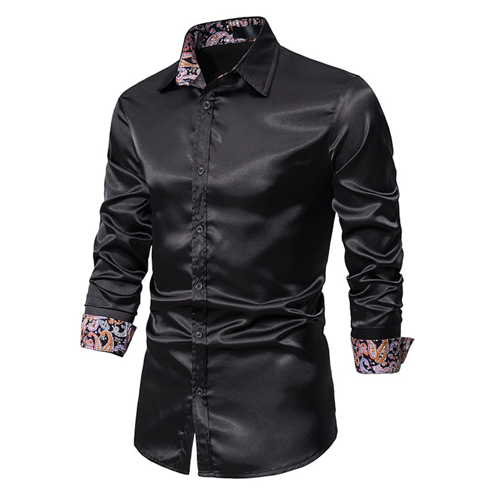 Herren Hemd Satinhemd Lässiges Hemd Knopfhemd Schwarz Champagner Marineblau Langarm Paisley-Muster Kragen Party Täglich Bekleidung Modisch Brautkleider schlicht Lightinthebox