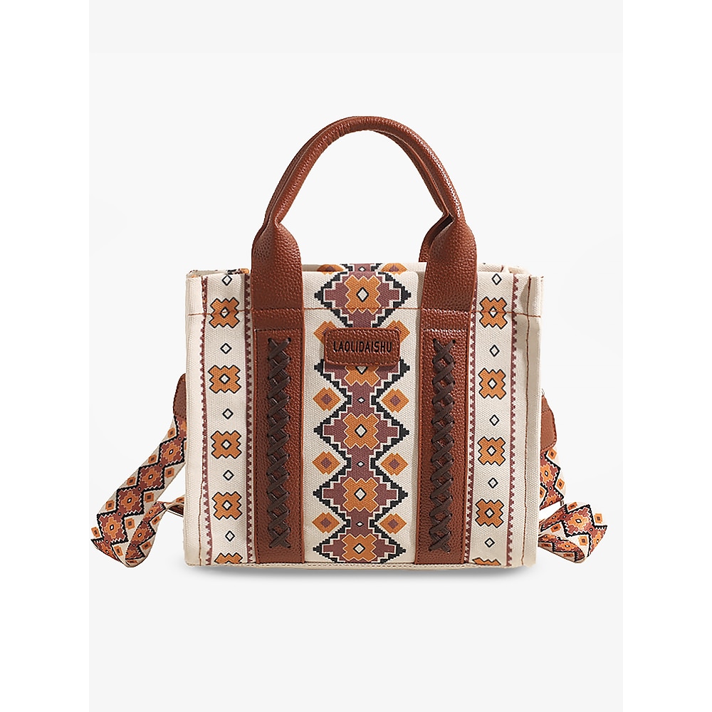 Damen-Einkaufstasche mit Boho-Ethno-Print - Vintage-inspirierte Canvas-Handtasche mit Lederakzenten, ideal für Freizeitausflüge und den täglichen Gebrauch Lightinthebox