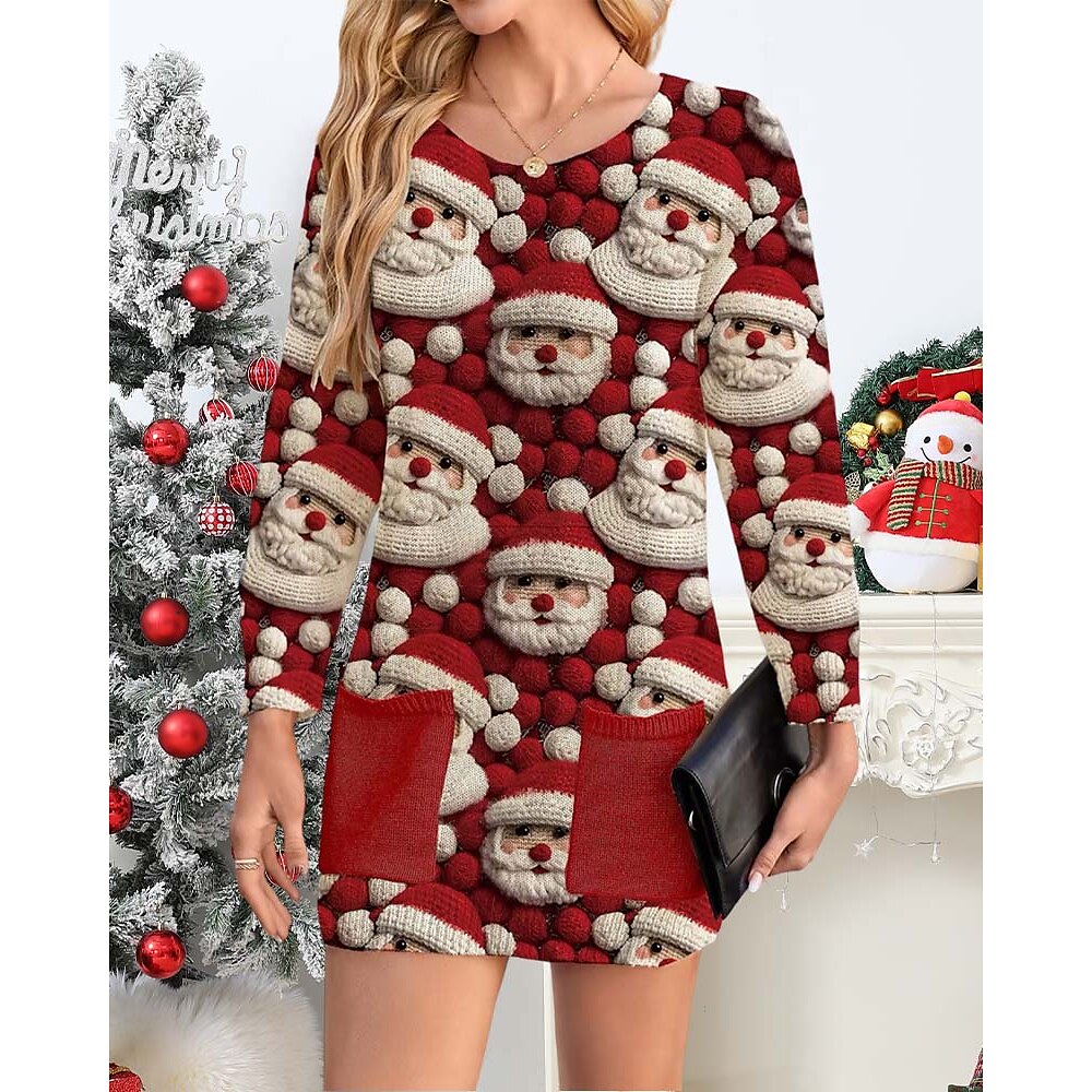 Damen Hässlicher Pullover Pullover Kleid Rundhalsausschnitt Stricken Tasche Herbst Winter Standard Weihnachten Neujahr Strassenmode Langarm Weihnachtsmann Rote M L XL Lightinthebox