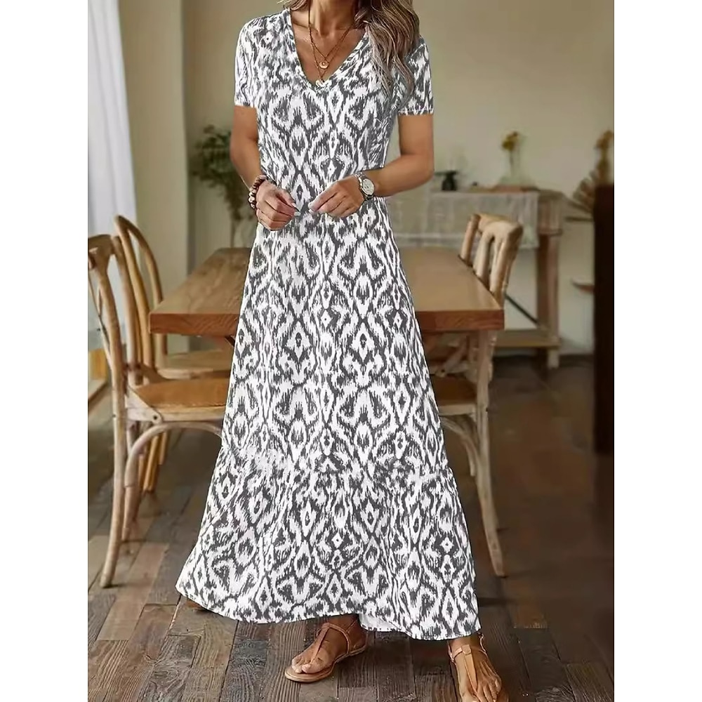 Damen Polyester Geometrisch V Ausschnitt Maxidress Kurzarm Sommer Frühling Lightinthebox