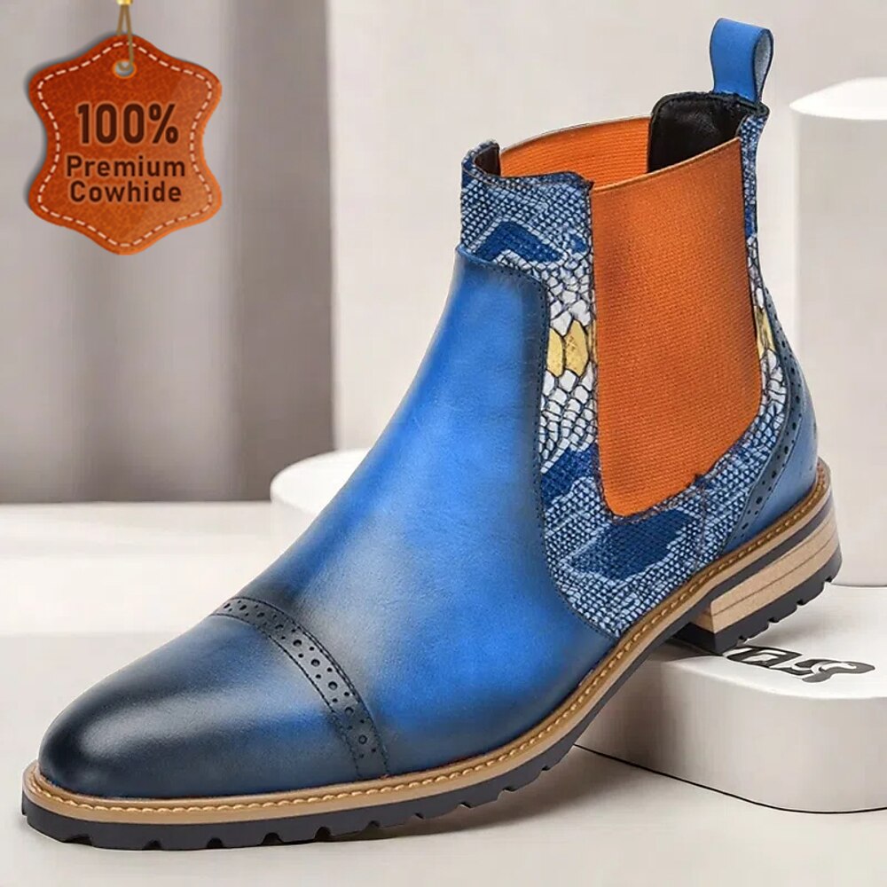 Blaue Chelsea-Stiefel aus Leder für Herren mit Schlangenhautmuster, orangefarbenem Elastikeinsatz und perforierter Spitze - stilvolles Schuhwerk aus hochwertigem Rindsleder für legere und formelle Outfits Lightinthebox