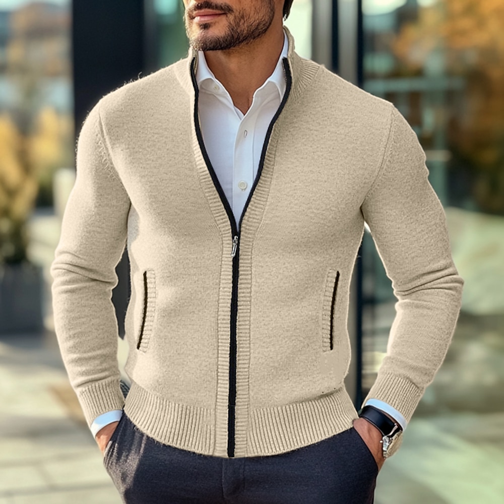 Herren Pullover Strickjacke Zip Pullover Reißverschluss Gerippt Grobstricken Stricken Standard Zip Tasche Feste Farbe Ständer Strickware Elegant Heim Arbeit Bekleidung Bischof Frühling Herbst Weinrot Lightinthebox