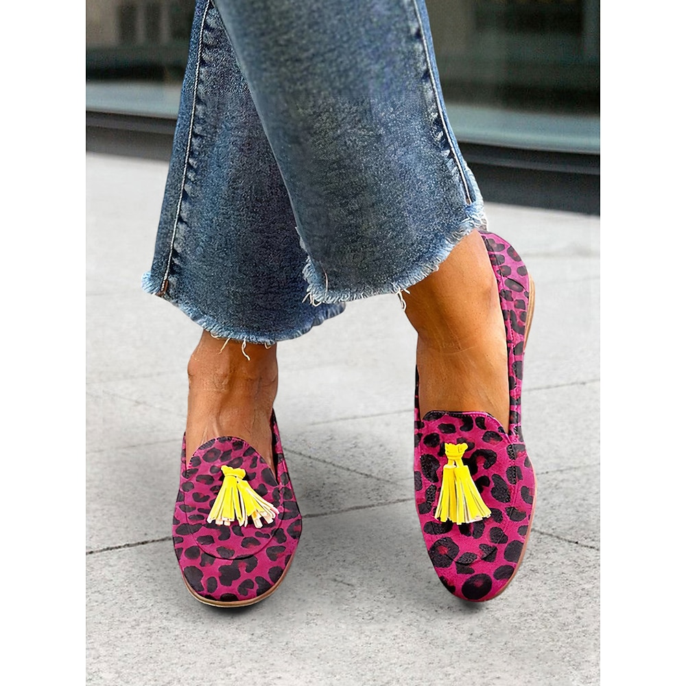 Damen Halbschuhe Klassische Loafer Täglich Quaste Flacher Absatz Runde Zehe Brautkleider schlicht Komfort Minimalismus Fliegendes Weben Halbschuhe Leopard Rot Rosa Lightinthebox