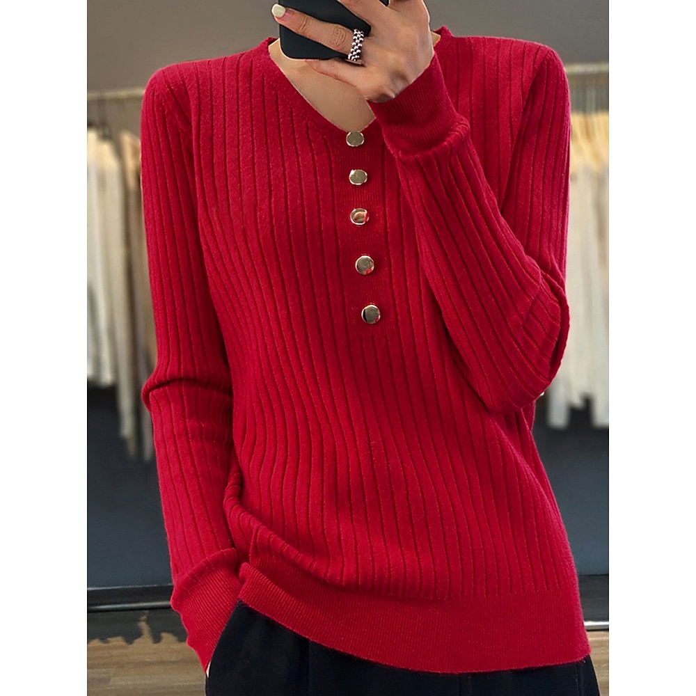 Damen Pullover V Ausschnitt Gerippt Stricken Polyester Taste Herbst Winter Standard Outdoor Täglich Ausgehen Stilvoll Brautkleider schlicht Weich Langarm Feste Farbe Schwarz Weiß Gelb S M L Lightinthebox